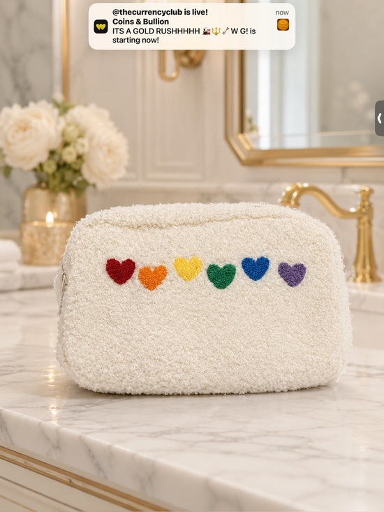 Gloss and Glo Other - Plush Cosmetic Bag with Rainbow Heart Accents - Cream